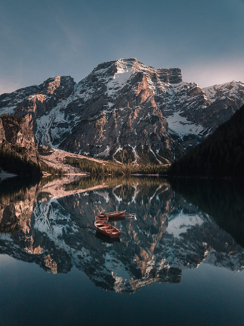 mountains, lake, landscape, boats, reflection, HD phone wallpaper
