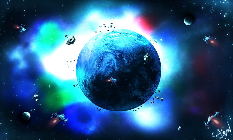 Earth Of Galaxy, glow, black, earth, asteroid, galaxy, spaceship, HD wallpaper