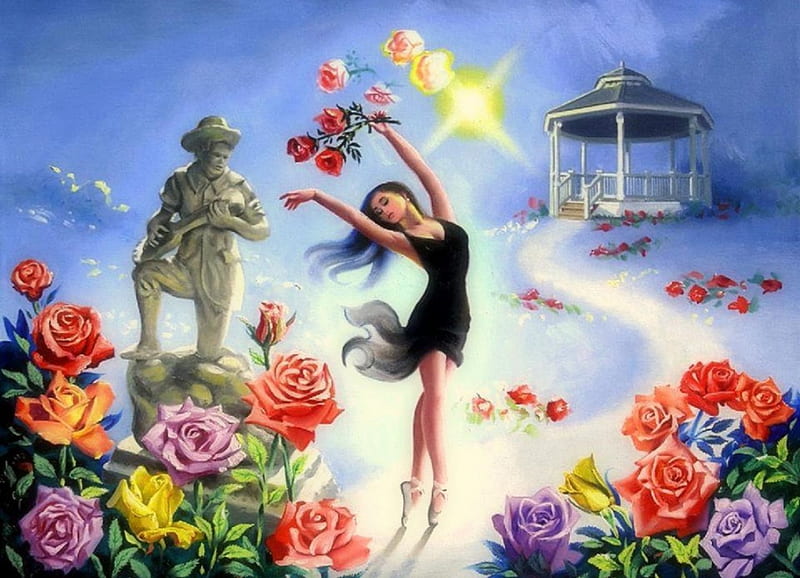 Roses Ballet in Heaven, attractions in dreams, bonito, paintings, statue, ballet, heaven, flowers, lovely, colors, love four seasons, spring, roses, trees, girl, garden, gazebo, beloved valentines, HD wallpaper