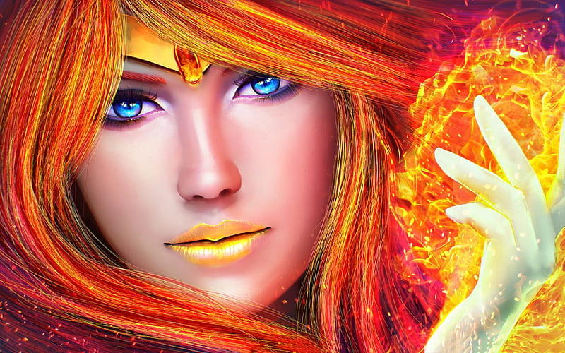 Fantasy Girl, Flame, Girl, Blue eyes, Art, Fire, HD wallpaper