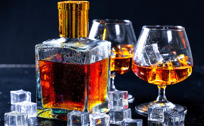 Bottle of Cognac, Glasses, Ice Cubes Ultra, Holidays, New Year, Black, Brown, Vintage, Scotland, Relax, Glass, Bottle, Celebration, Amber, drink, beverage, alcohol, cognac, Brandy, Whisky, bourbon, cheers, newyear, taste, icecubes, scotch, HD wallpaper