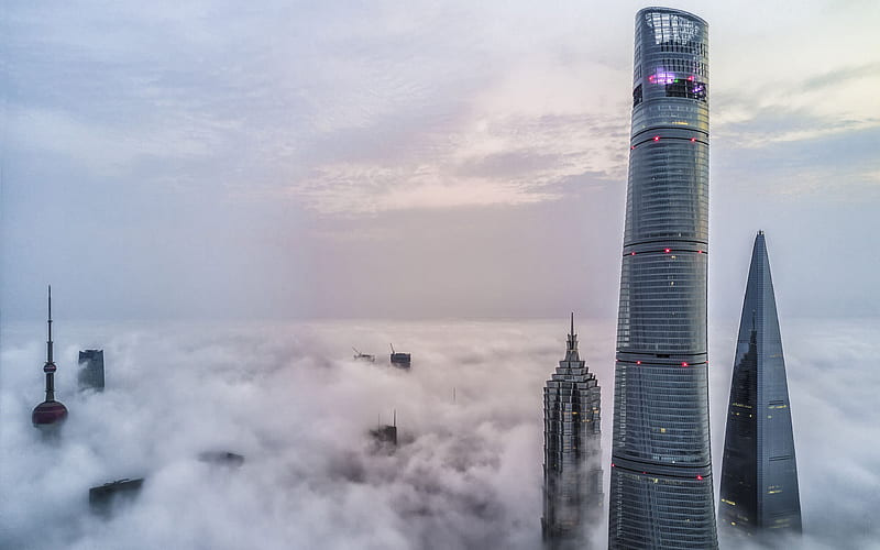 Shanghai, skyscrapers above the clouds, morning, sunrise, modern buildings, skyscrapers, Shanghai Tower, Shanghai World Financial Centre, Jin Mao Tower, Lujiazui Finance District, China, HD wallpaper