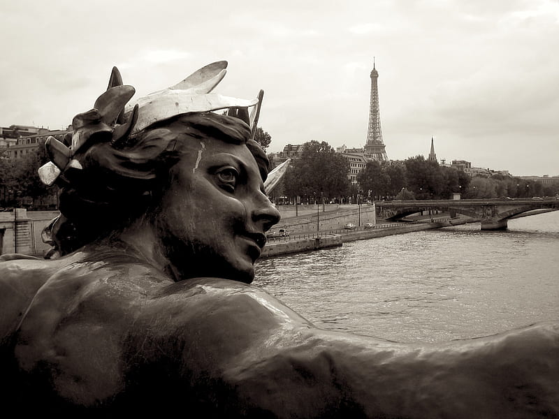 Living in Paris, graph paris, balck and white, wall living, graphy, city, statue, eiffel tower river, HD wallpaper