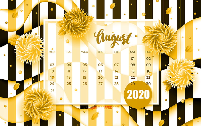 August 2020 Calendar yellow 3D flowers, 2020 calendar, summer calendars, August 2020, creative, August 2020 calendar with flowers, Calendar August 2020, artwork, 2020 calendars, 2020 August Calendar, HD wallpaper