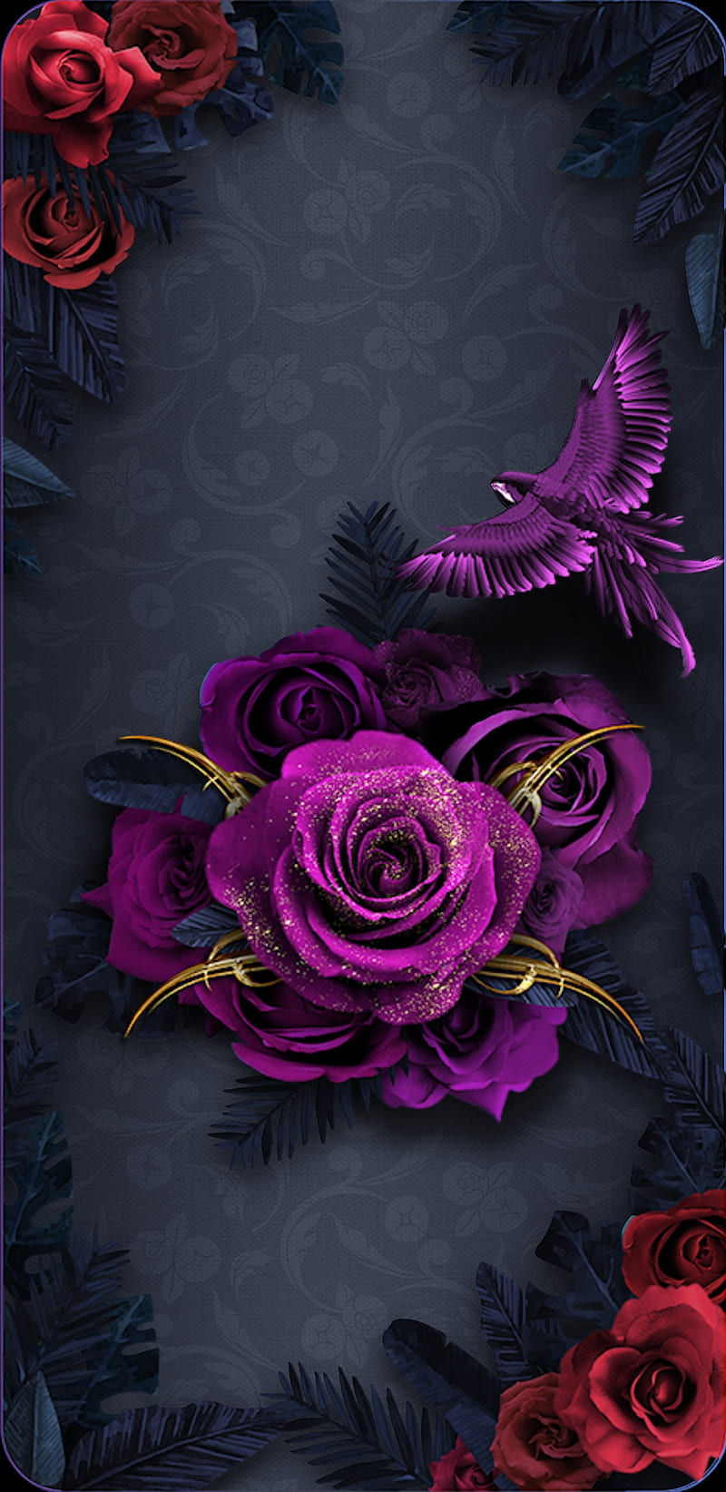 Golden Rose Thorns, bonito, bird, fantasy, girly, pretty, purple, roses, HD phone wallpaper