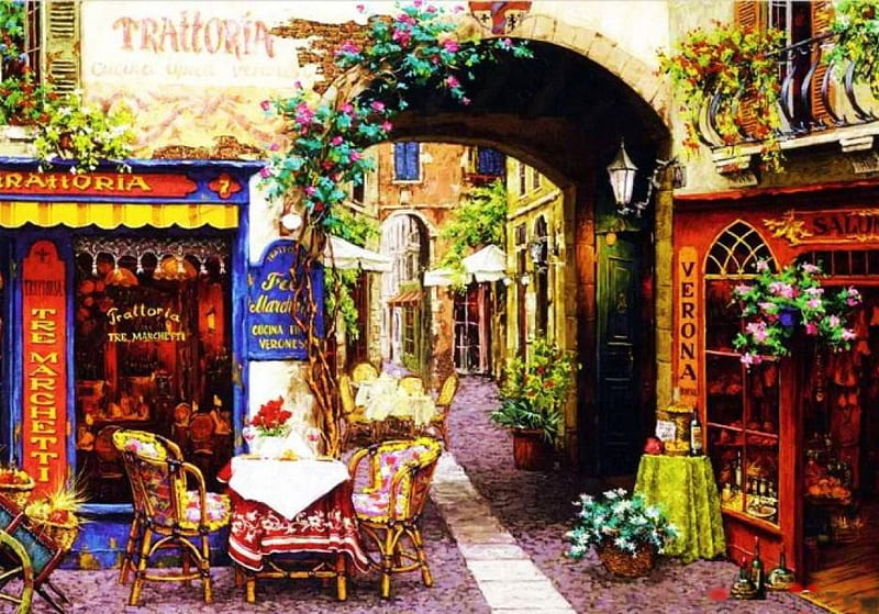 Trattoria, table, restaurant, painting, verona, chairs, artwork, italy, HD wallpaper