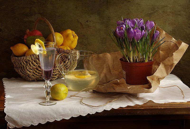 Spring Delights, table, pitcher, eyelet table scarf, lemon, wrapping paper, fruit, still life, twine, glass, basket, flowers, lemonade, HD wallpaper