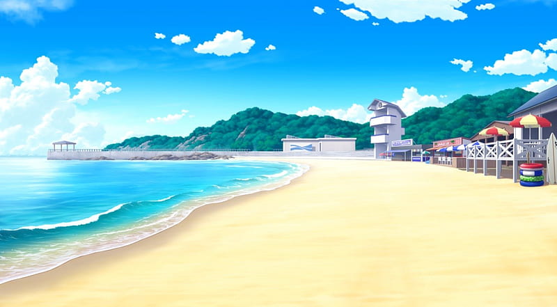 beach, shop, pretty, house, scenic cg, umbrella, bonito, sea, sweet, mountain, coast line, nice, sand, anime, beauty, scenery, realistic, hill, cloud, lovely, ocean, stall, sky, building, water, 3d, coastline, scene, landscape, coast, HD wallpaper