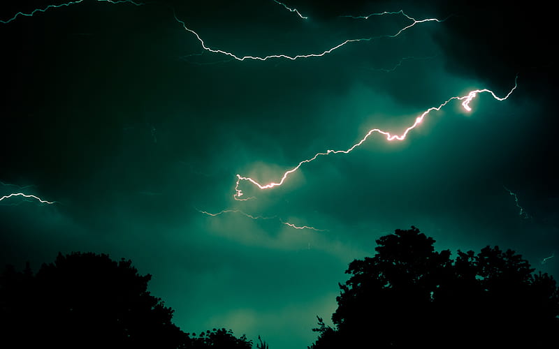 Teal Lightning, lightning, colors, nature, bonito, trees, sky, storm, electrical, HD wallpaper