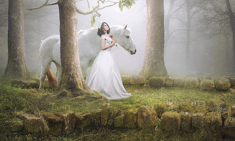 Kasmaran, ethereal, enchanting, fantasy, fantasy girl, purity, horse, unearthly, HD wallpaper