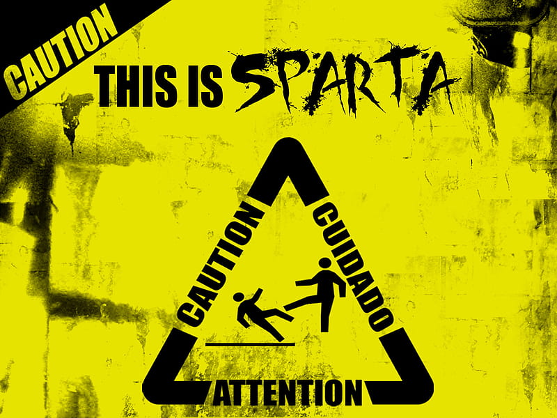 THIS IS SPARTA, ouch, rofl, caution, black, yellow, sparta, funny, HD wallpaper