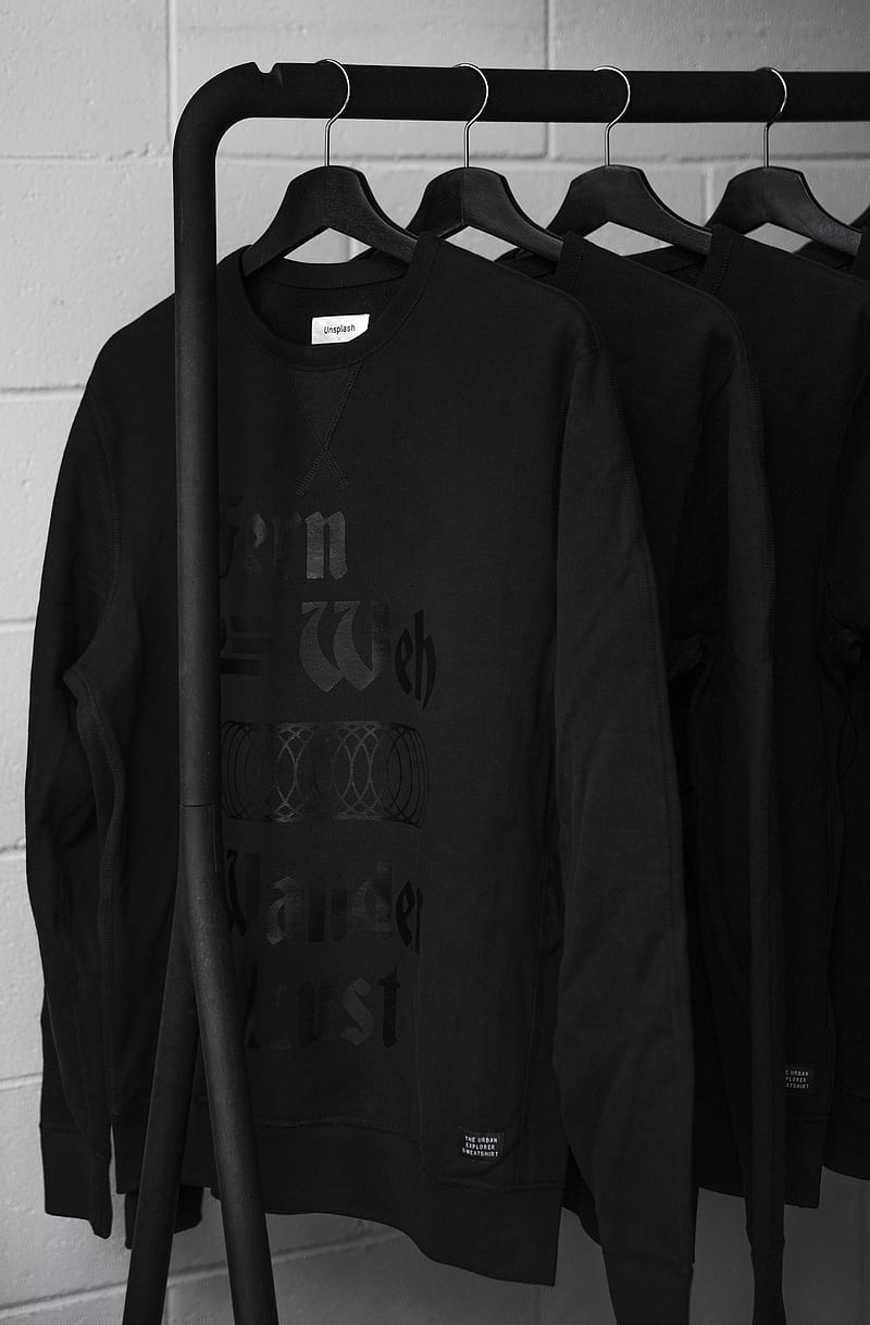 black sweatshirts on plastic hangers, HD phone wallpaper