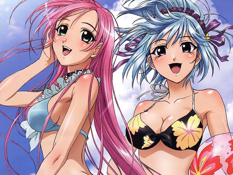 Sexy Anime Girls, swimsuits, bikini, beach, rosario, windy, summer, hot, flowers, vampire, HD wallpaper