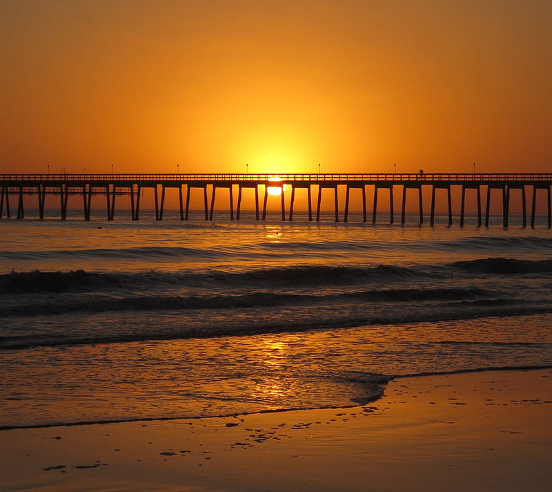 Beach Sunset, bridge, HD wallpaper
