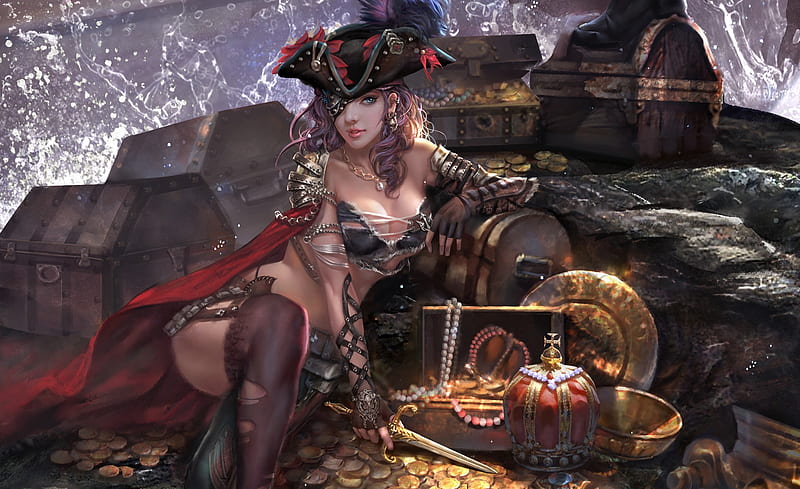 Pirate girl with treasure, frumusete, fantasy, girl, luminos, ares, treasure, hat, pirate, HD wallpaper