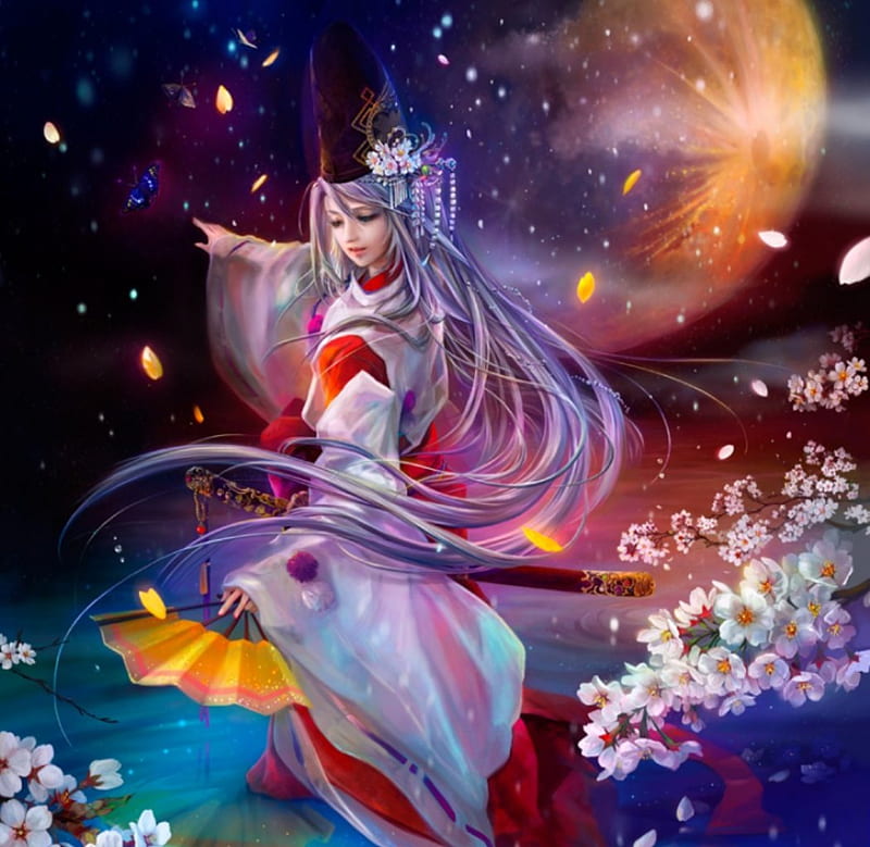 Moonlite Dance, pretty, sakura blossom, bonito, dancing, cherry blossom, sweet, nice, fantasy, japan, moon, yukata, beauty, long hair, night, sakura, female, lovely, traditional, kimono, girl, oriental, dance, fan, petals, HD wallpaper