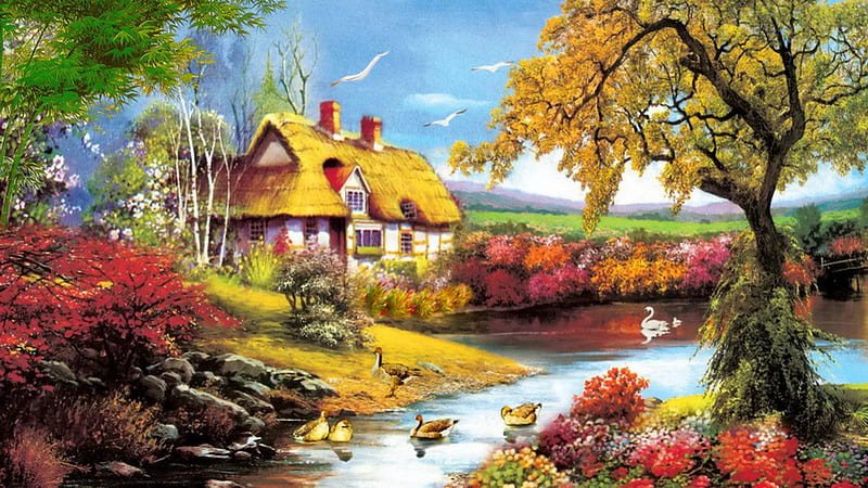 Dreamy village, stream, pretty, colorful, autumn, riverbank, dreamy, shore, cottages, bonito, countryside, nice, calm, painting, village, river, reflection, animals, art, quiet, lovely, houses, creek, sky, trees, swans, lake, pond, serenity, peaceful, summer, nature, branches, HD wallpaper