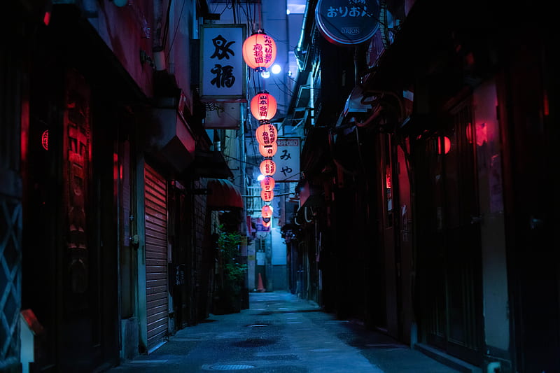 street, night, chinese lanterns, garlands, lights, HD wallpaper