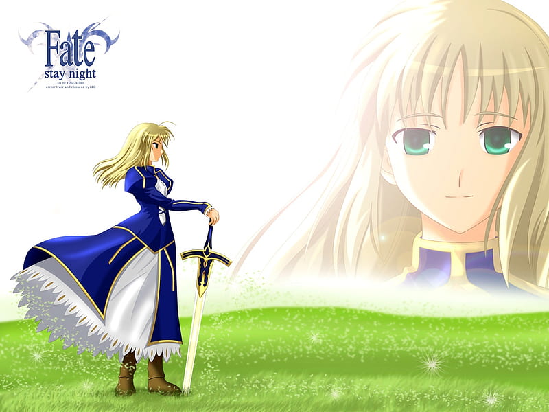The Beautiful Knight, saber, king, grass, game, smile, arturia, golden hair, fate stay night, caliburn, anime, sword, field, knight, HD wallpaper