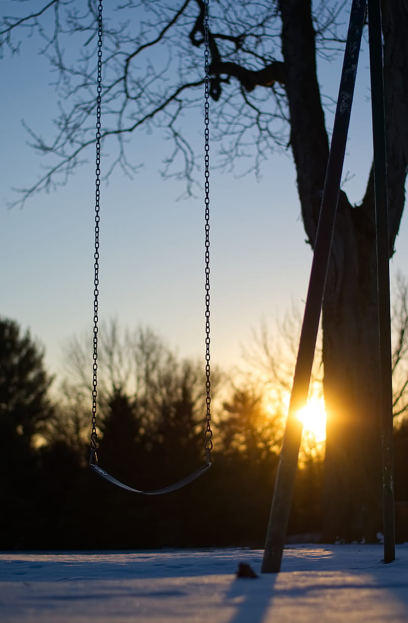 swing, winter, sunset, tree, blur, HD phone wallpaper