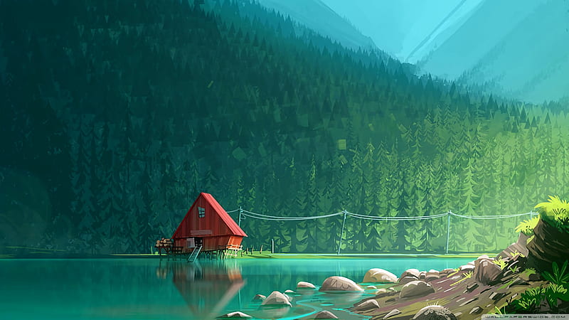 House by the lake, summer, 2D universe, lake, blue, house, orange, luminos,  vara, HD wallpaper | Peakpx