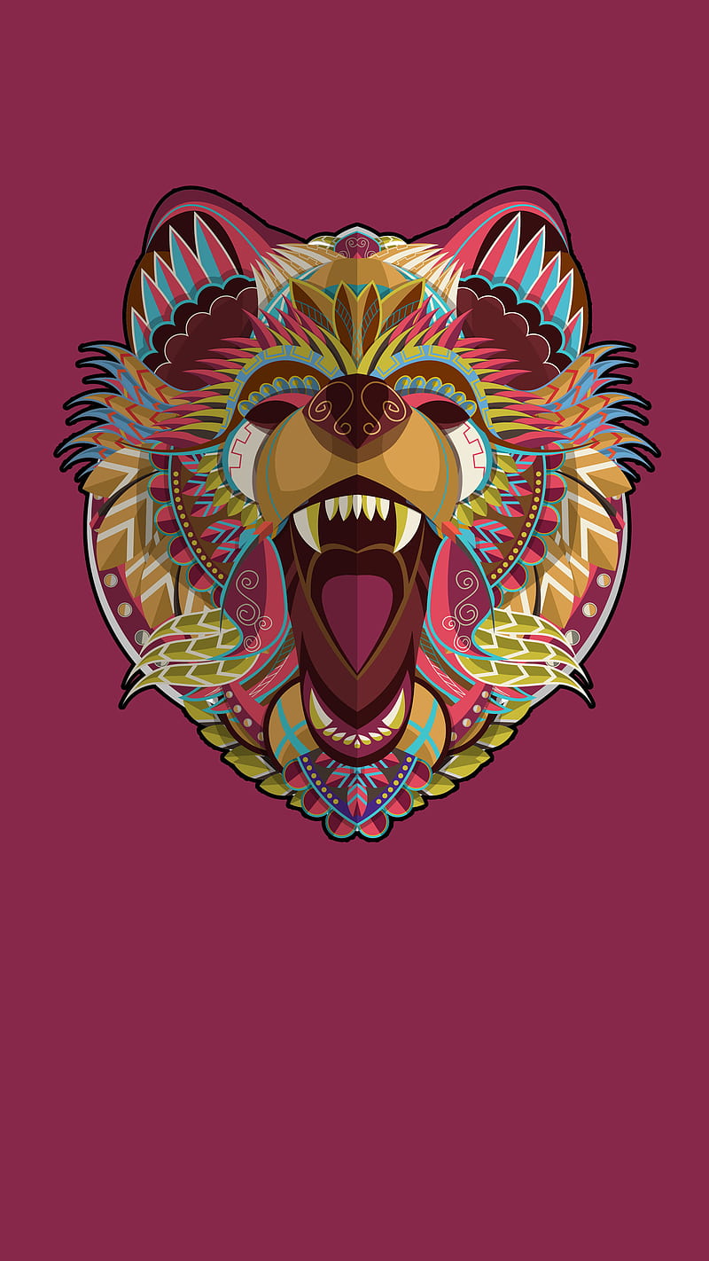 Tribal Bear, Kiss, blue, gold, mauve, patchwork, purple, teeth, HD phone wallpaper