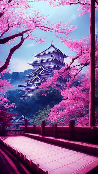 Japanese Castle Cherry Blossom Mountain Art 4K Wallpaper iPhone HD