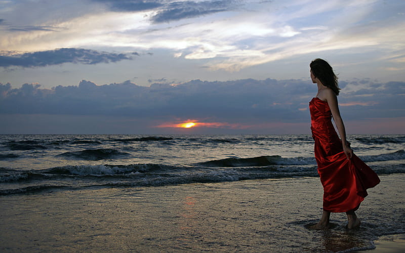Romantic Evening, red dress, ocean, bonito, sunset, waves, sky, woman, clouds, sea, beach, beauty, nature, HD wallpaper