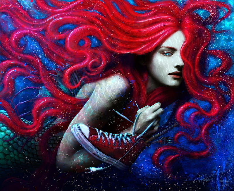 Ariel, red, redhead, sea, fantasy, shoe, blue, art, underwater, mustesielu, luminos, mermaid, sirena, little mermaid, girl, summer, funny, HD wallpaper