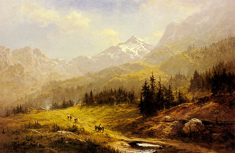 The wengen Alps morning in Switzerland, by Benjamin Williams Leader, mountain, benjamin williams leader, art, painting, nature, HD wallpaper