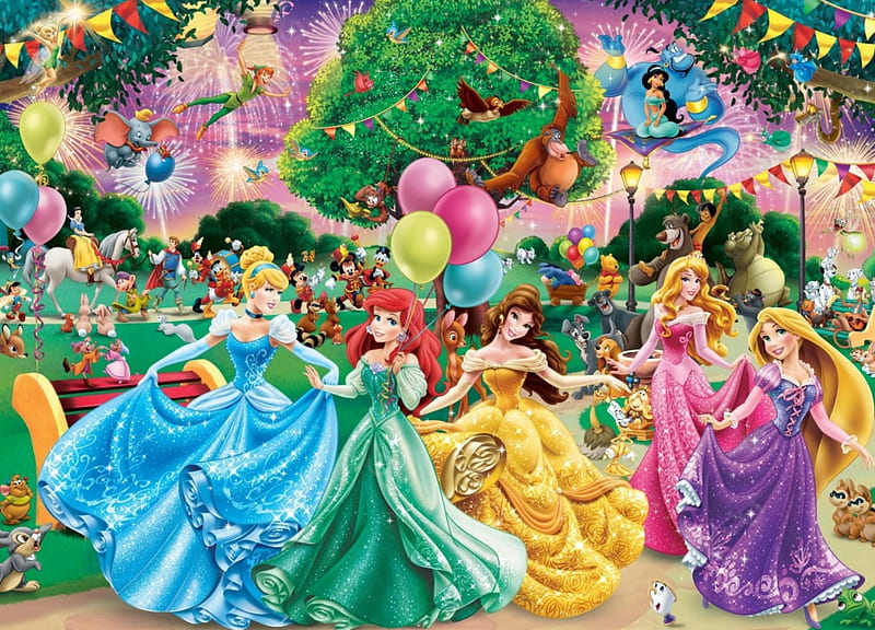Disney Party, fanart, yellow, fantasy, green, party, arielle, pink, disney, blue, rapunzel, aurora, belle, cinderella, balloon, girl, purple, princess, HD wallpaper