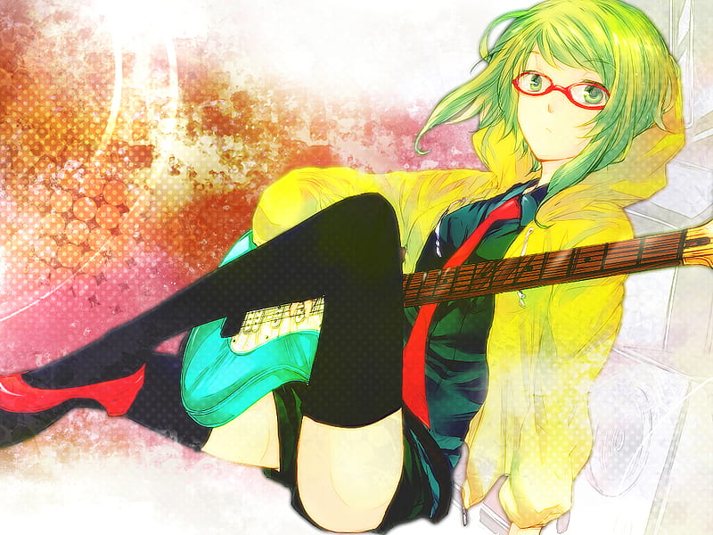 anime girl, glasses, hair, gu, guitar, girl, green, anime, fmym, eyes, caco, HD wallpaper