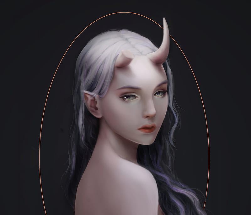 Demoness, fantasy, demon, luminos, girl, nkung tran, face, horns, HD ...