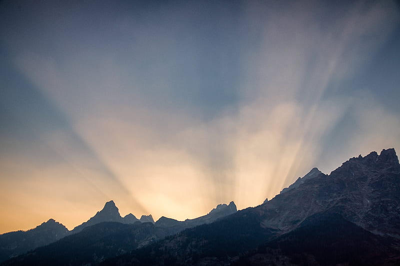 mountains, light, rays, sunset, HD wallpaper
