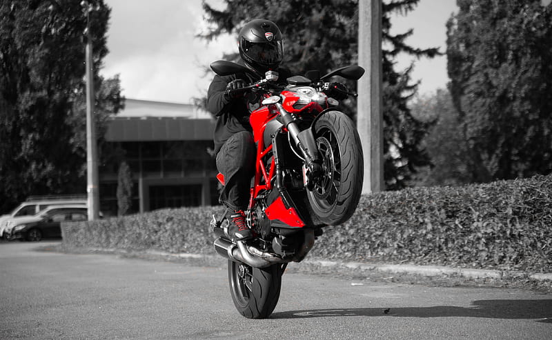 Ducati Rider, bike, motor, motorcycle, streetfighter, wheelie, HD wallpaper