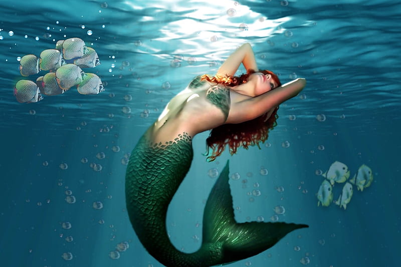 Mermaid, fantasy, lovely, fish, ocean, bubbles, Magical, light, HD wallpaper