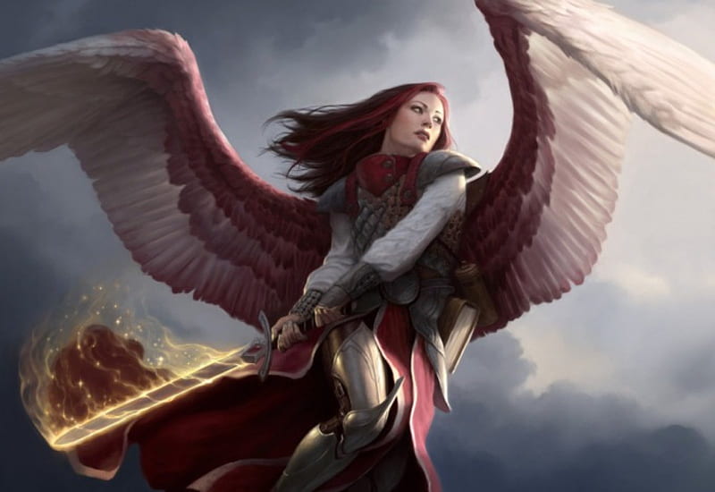 Archangel of Thune, warrior, wings, flaming, angel, archangel, bonito, pink, sword, HD wallpaper