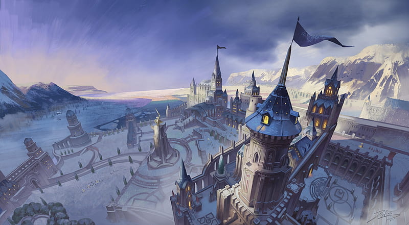 Castle, view from the top, art, fantasy, luminos, tian dm, white, blue, HD wallpaper