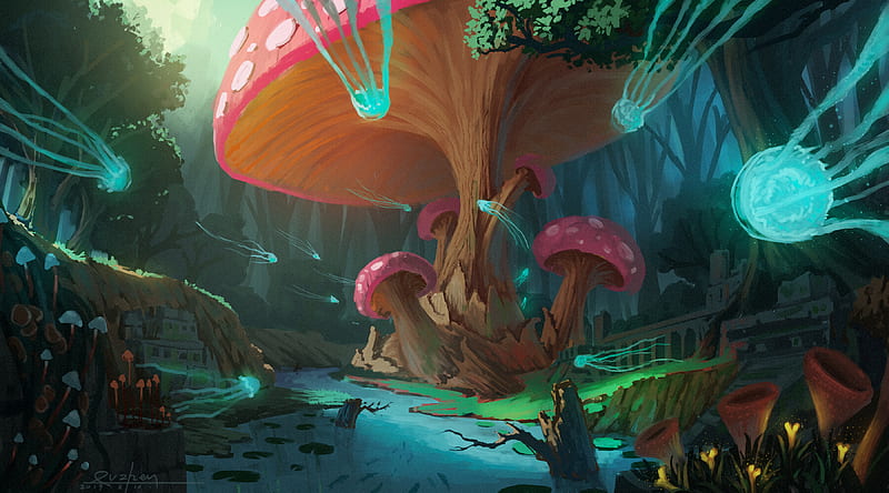 mushrooms, tree, jellyfish, fantasy, art, HD wallpaper