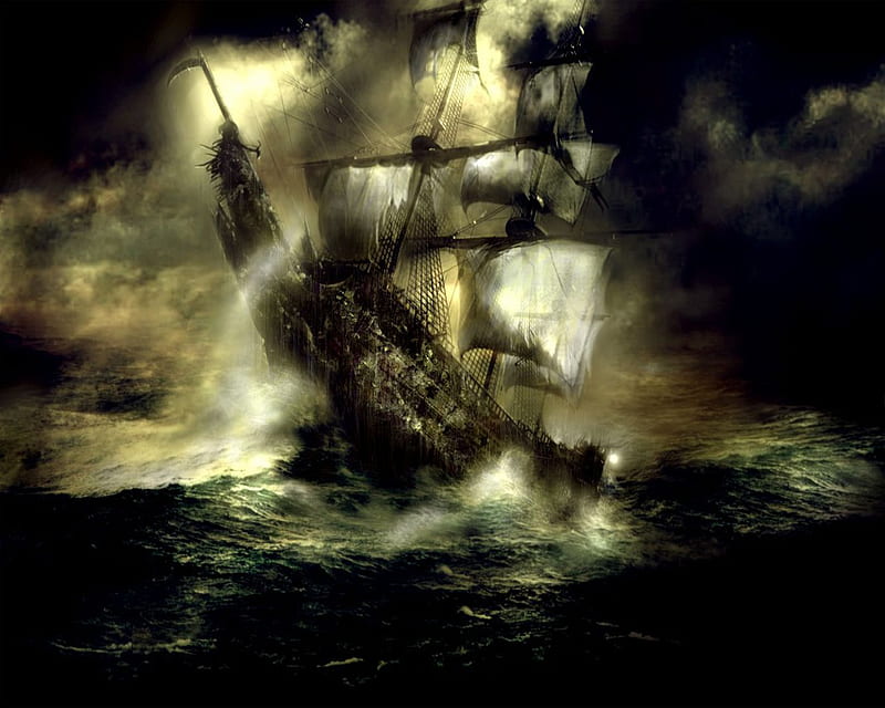 De Vliegende Hollander (Flying Dutchman), waves, clouds, water, ghost, spooky, dark, sinking, trouble, light, HD wallpaper