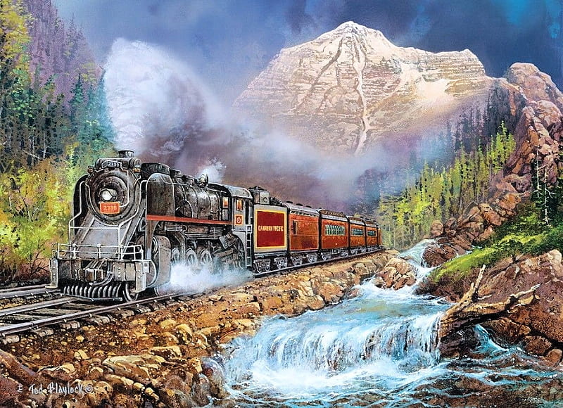 Canadian Pacific, locomotive, train, mountains, painting, steam, railways, creek, artwork, HD wallpaper