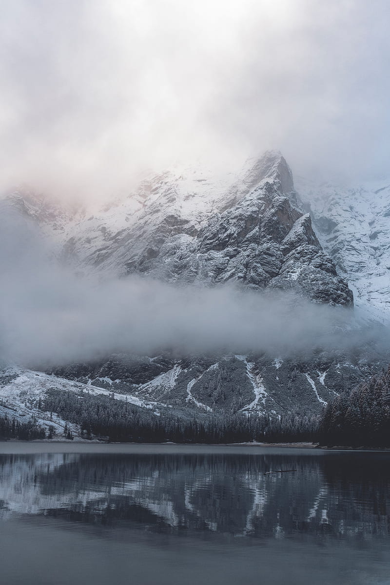 mountains, lake, clouds, snowy, shore, HD phone wallpaper