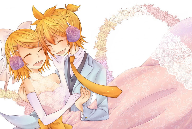 ~Just Married~, vocaloid, romance, happiness, lace, wedding dress, bride, bonito, rin and len kagamine, groom, anime, love, flowers, couple, HD wallpaper