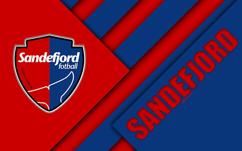 Sandefjord FC logo, material design, Norwegian football club, emblem, red blue abstraction, Eliteserien, Sandefjord, Norway, football, geometric background, HD wallpaper
