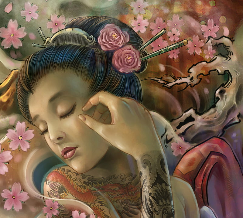 Girl, sakura, art, luminos, geisha, blossom, fantasy, tatto, hand, asian, pink, HD wallpaper