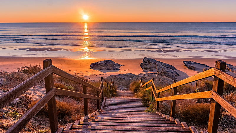Sea sunset, wooden stairs, beach, sunset, sea, HD wallpaper