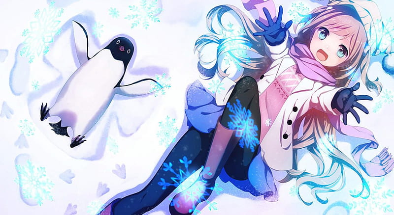 Winter Cuties, cute, girl, snow, penguin, orginal, winter, HD wallpaper