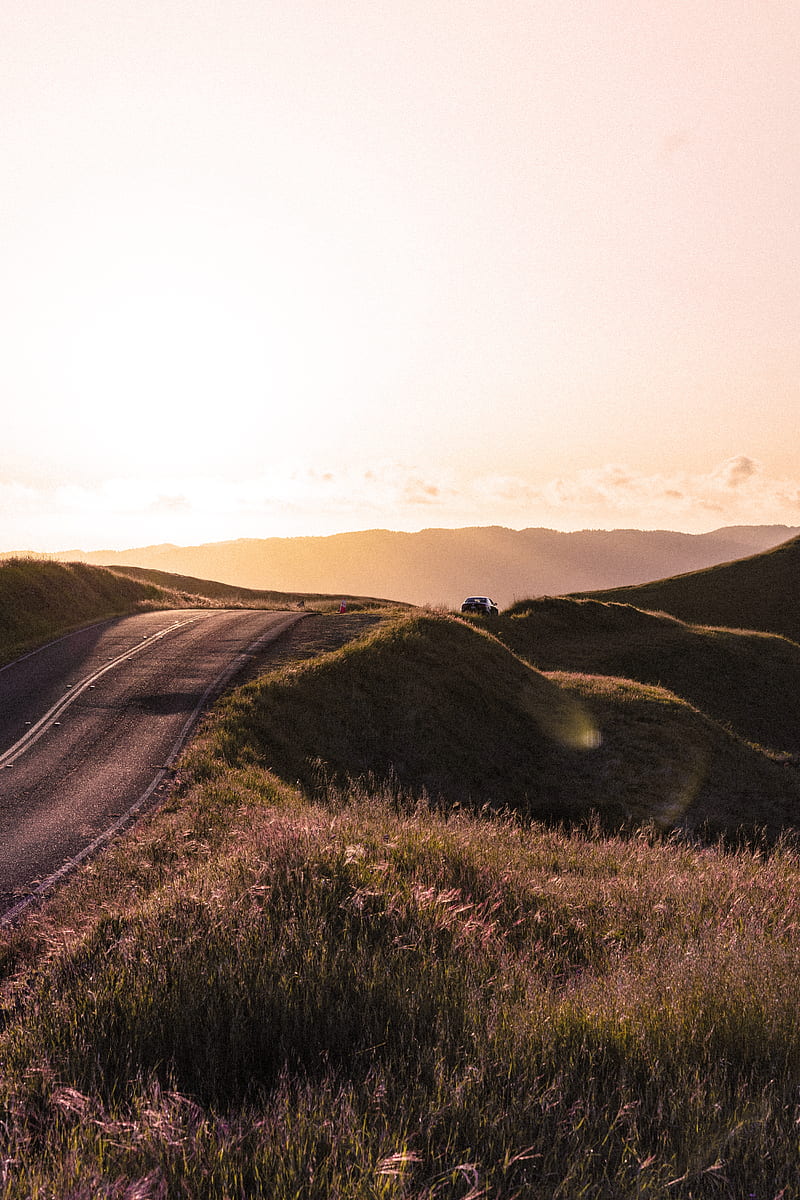 road, hilly, relief, landscape, sunrise, HD phone wallpaper