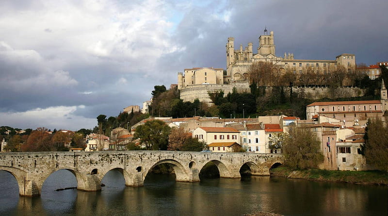 cathedral saint nazaire roussillon france, cathedral, bridge, town, river, hill, HD wallpaper