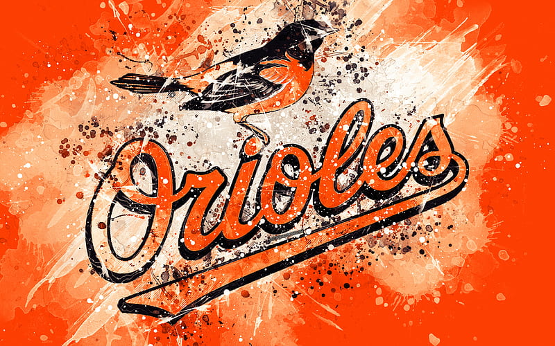 Baltimore Orioles grunge art, logo, american baseball club, MLB, orange background, emblem, Baltimore, Meryland, USA, Major League Baseball, American League, creative art, HD wallpaper